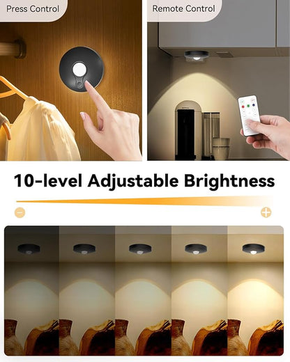 Rechargeable Puck Lights With Remote Control, 1500mAh Battery Operated Tap Lights, Dimmer & Timer Under Cabinet, Wireless LED Stick-On for Closet, Bedroom, Kitchen - Black 3Pcs