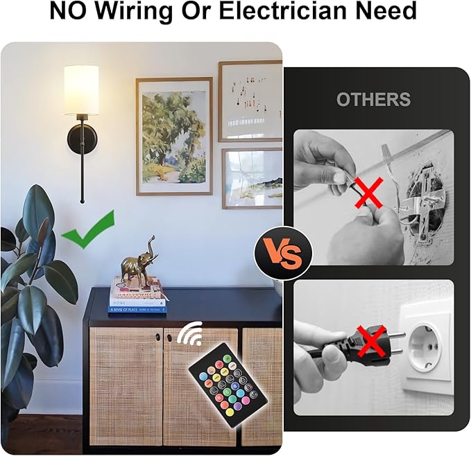 Battery Operated Wall Sconce Set of Two, Black Wireless Rechargeable Wall Light with Remote Control, Dimmable, Amber/Warm/Natural/Cool White,RGB, Battery Power Sconces for Living Room Bedroom