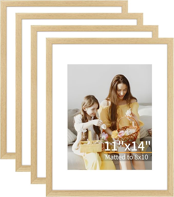 ATOBART 11x14 Picture Frame Set of 4, Displays 8x10 with Mat or 11x14 Without Mat, Photo Frames for Wall Hanging or Tabletop, Includes HD Plexiglass, Natural Wood Grain