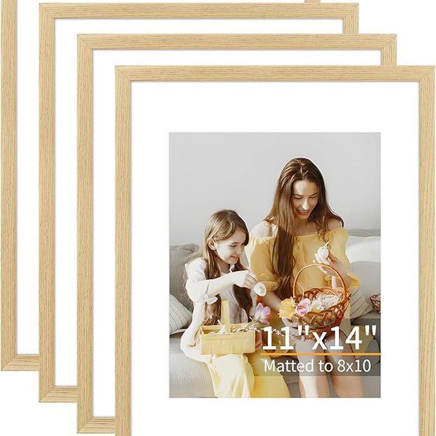 ATOBART 11x14 Picture Frame Set of 4, Displays 8x10 with Mat or 11x14 Without Mat, Photo Frames for Wall Hanging or Tabletop, Includes HD Plexiglass, Natural Wood Grain