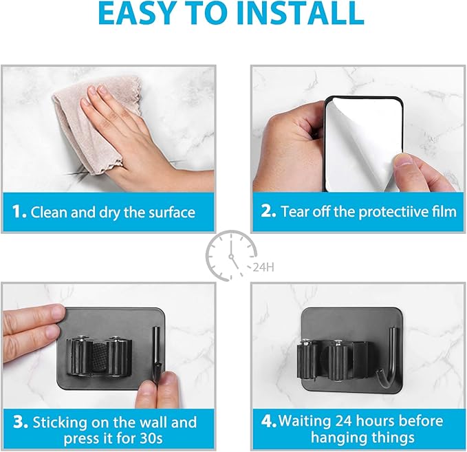 Mop Broom Holder No Drill, Mop Broom Organizer Wall Mounted Heavy Duty with Hooks Hanger, Self Adhesive Stainless Steel 4Pcs for Bathroom, Kitchen, Office (Black)