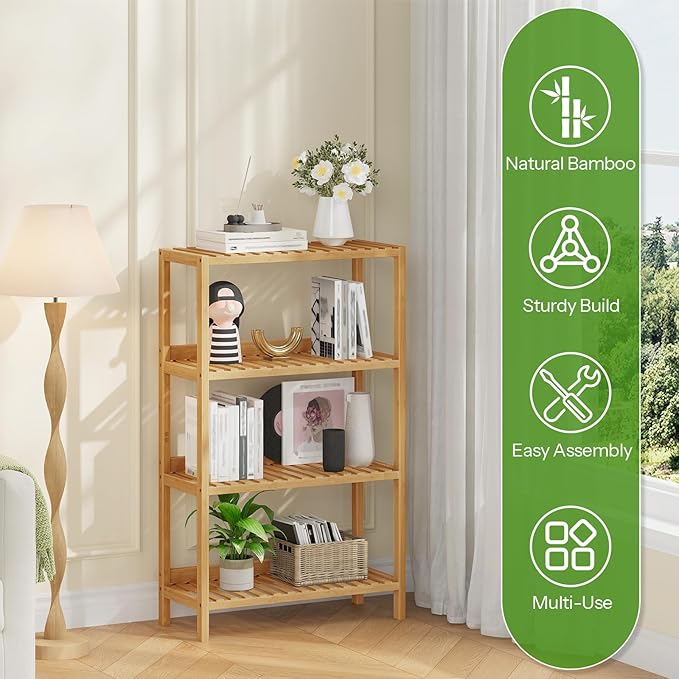HOOBRO Bamboo Storage Shelf, 4-Tier Freestanding Shelving Unit, Multifunctional Storage Rack with Back Panel, 23.6 x 10.2 x 39.4 inches, for Bathroom, Living Room, Balcony, Kitchen, Natural YL95CJ01