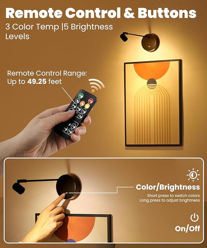 Wireless Battery Operated Picture Light for Wall,3 Color LED Art Lighting for Paintings,Magnetic Rechargeable Dimmable Poster Lights,Remote Control Gallery Light with Timer, Black (2 Pack)