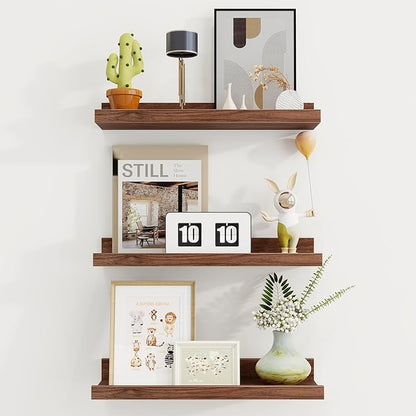 Axeman Picture Ledge Shelf | 16 Inch Walnut Floating Shelves Set of 3 | Rustic Wood Wall Shelves with Lip | 16" Walnut Picture Shelf for Wall with Ledge | Photo Shelves
