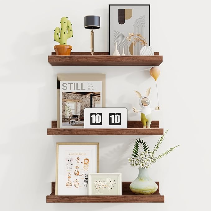Axeman Picture Ledge Shelf | 16 Inch Walnut Floating Shelves Set of 3 | Rustic Wood Wall Shelves with Lip | 16