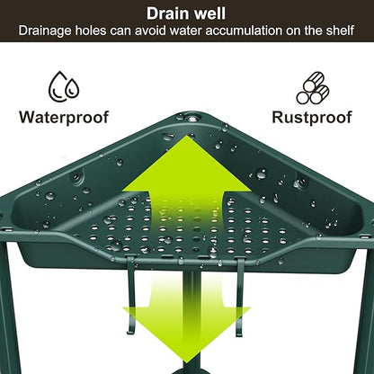 Orimade Rustproof 3 Tier Floor Standing Corner Shower Caddy Organizer, Plastic Metal Splicing Floor Corner Shelf Rack Stands for Bathroom, Dark Green