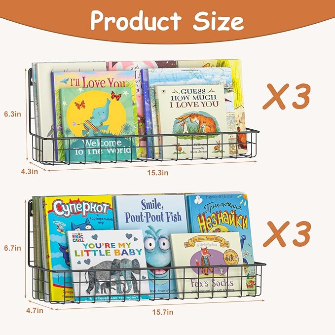 X-cosrack Floating Book Shelves for Wall Kids Bookshelf,Metal Hanging Wall Mounted Shelf for Nursery Toddler, Kids Room, Classroom,Set of 6,Black,2 Sizes
