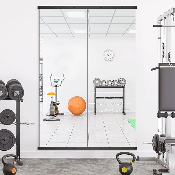 Home Gym Mirror for Wall,70x24x2PCS Full Length,Glass Frameless Body Large Mirror for Home Gym,Workout,Bedroom,Garage(Black)