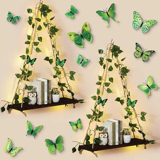 2 Set Floating Shelves for Wall, Plant Wall Decor Hanging Shelves Hanging Shelf with 48 Pcs 3D Butterfly Stickers Cottage Core Decor for Bedroom Bathroom Living Room Kitchen House