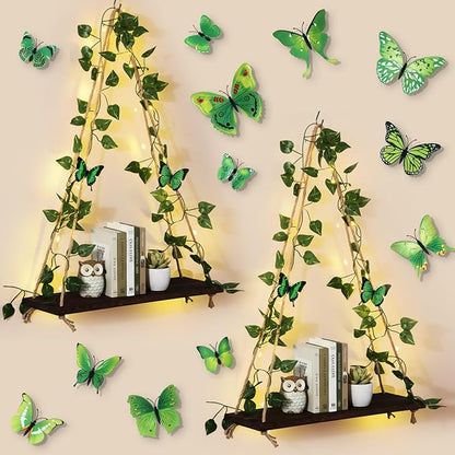 2 Set Floating Shelves for Wall, Plant Wall Decor Hanging Shelves Hanging Shelf with 48 Pcs 3D Butterfly Stickers Cottage Core Decor for Bedroom Bathroom Living Room Kitchen House