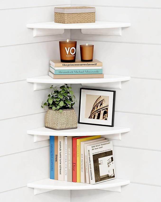 Forbena Corner White Floating Book Shelves for Wall Set of 4, Wood Nursery Corner Bookshelf for Kids Bedroom, Large Modern Round Wall Bookshelves for Living Room Decor, Indoor Plants, Bathroom