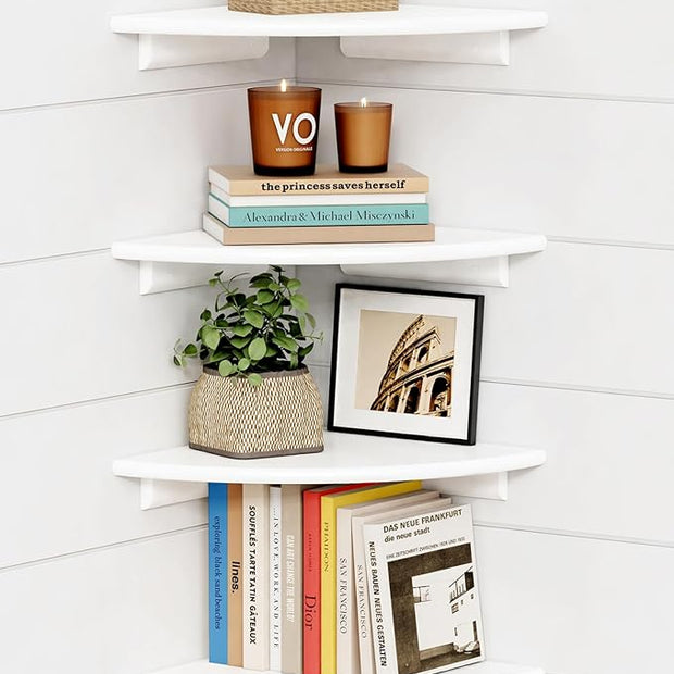 Forbena Corner White Floating Book Shelves for Wall Set of 4, Wood Nursery Corner Bookshelf for Kids Bedroom, Large Modern Round Wall Bookshelves for Living Room Decor, Indoor Plants, Bathroom