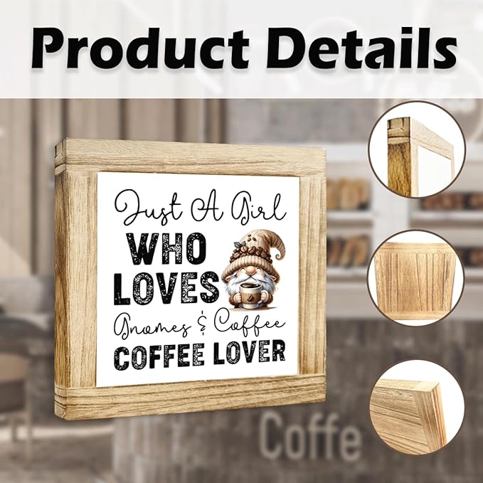 Coffees Wood Sign Just a Girl Who Loves Gnomes and Coffee Handcrafted Coffees Decor Funny Wooden Sign For Kitchen Home Office Bar Decor Cute Coffee Lover Gift Square Wood Cafe Art 5.9x5.9 Inch
