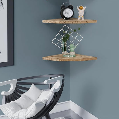 Joiishom Wood Corner Wall Shelves Set of 2, Solid Wood Corner Floating Shelves, Round End Wall Mounted Floating Corner Shelf for Bedroom, Living Room and Kitchen. (Carbonized-12 inch)