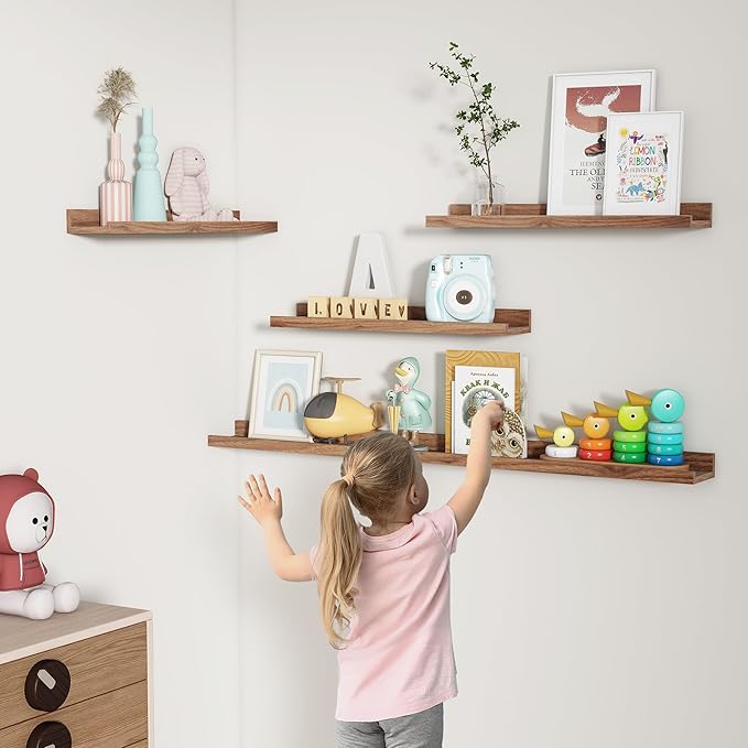 Picture Ledge Shelf, Floating Shelves Set of 2, 24 Inches Nursery Book Shelves for Toys Storage, Kids Bookshelf Wall Mounted for Living Room Bedroom Decor Books Photo Frames, Walnut