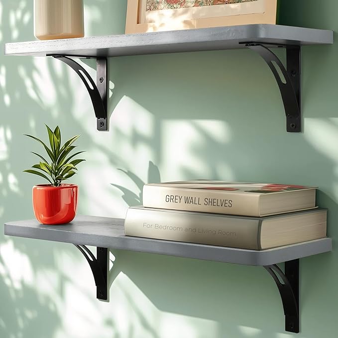 Reinforced Steel Bracket Grey Wall Shelves - Easy to Install, Template and Video Included - Grey Shelf for Wall, Gray Shelf for Bathroom