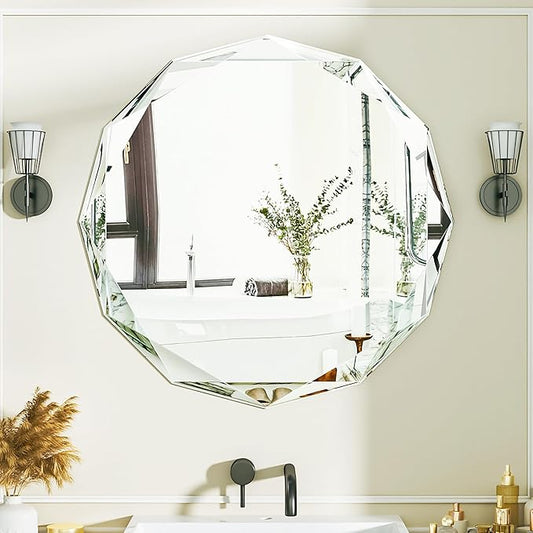 Suidia Bathroom Mirror, 20"x 20" Wall Mirror, Frameless Bathroom Mirror with Beveled Edge for Bedroom, Living Room, Entryway, Hallway, Round Shape