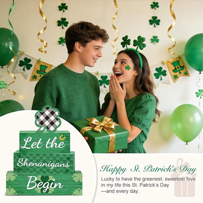 4 Pcs St Patricks Day Decorations for Home St. Patricks Day Tiered Tray Decor Let The Shenanigans Begin Sign Farmhouse Decor for Home Office Kitchen Shelf Tabletop Centerpieces