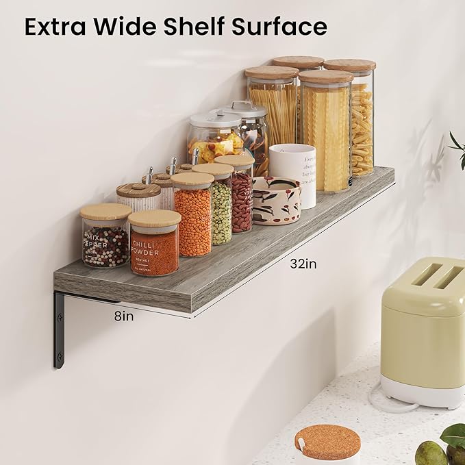 Marsmiles Extra Wide Floating Shelves for Wall, 32x8 Inch Natural Wood Grain Bookshelves, Heavy Duty Mounted Shelving for Bathroom, Kitchen, Living Room, Bedroom,Set of 2，Grey