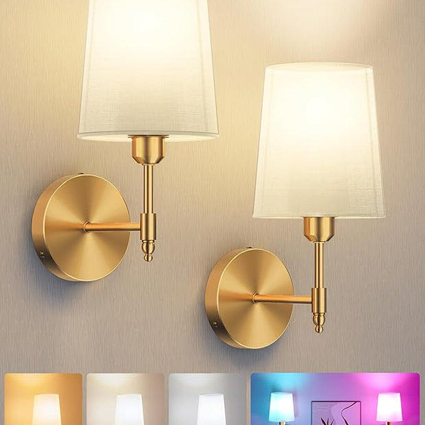 Ouyulong Battery Operated Wall Sconces Set of 2, Wireless Rechargeable Dimmable Wall Light with RGB Bulb and Remote for Bedroom, Living Room, Hallway (Gold)