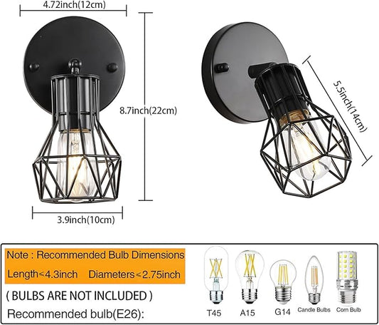 Industrial Hardwired Wall Sconces Set of Two, Small Farmhouse Wire Cage Wall Lighting Sconce, Wall Lights for Living Room Bedroom Bathroom Hallway