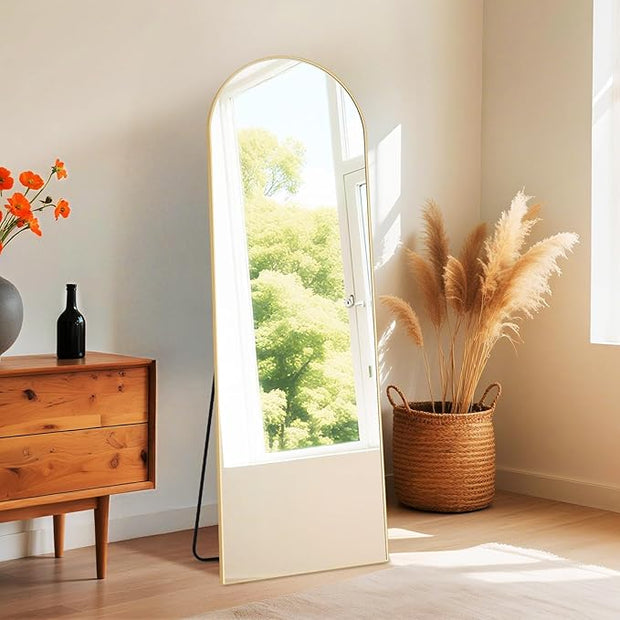 OLIXIS Arched Full Length Mirror 59"x16.3" for Bedroom, Full Body Mirror with Stand, Hanging or Leaning for Wall, Aluminum Alloy Thin Frame Floor Standing for Living Room, Long, Gold