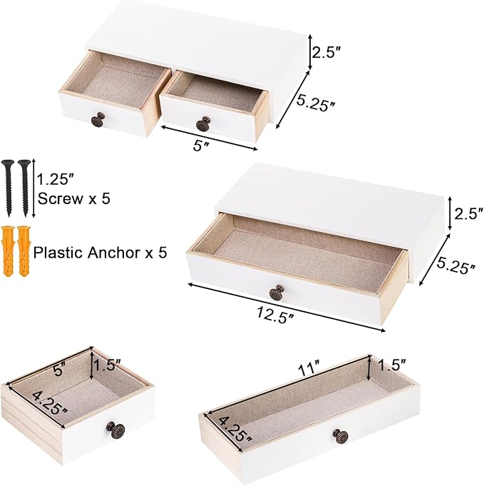 Yesland 2 Packs Floating Nightstand with Drawer - Rustic Wood Floating Wall Mounted Drawers Floating Shelf with Drawer for Living Room, Bedroom, Kitchen, Wall Decor, Storage, Display - White