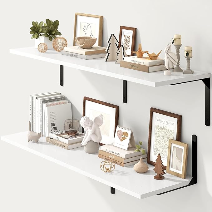 Fun Memories Floating Shelves for Wall, 12 Inch Deep Floating Shelves Set of 2, Wall Mounted Shelf with Metal Brackets, Rustic Wood Wide Shelf for Bathroom, Kitchen and Living Room, White, 48W x 12D