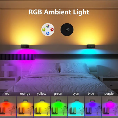 Wall Lights, Battery Operated Wall Sconces RGB Ambient Lighting, Color Changing Rechargeable Wall Lamp Fixture with 3 Color Temps, Dimmable LED Lights for Bedroom Reading