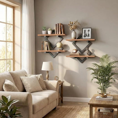 HOOBRO 15" Floating Shelves for Wall, Set of 2 Wall shelf, 2-Tier Hanging Shelves, Wall Mounted Storage Shelf, Display Rack, for Living Room Bedroom Kitchen Bathroom, Rustic Brown and Black BF14BJP201