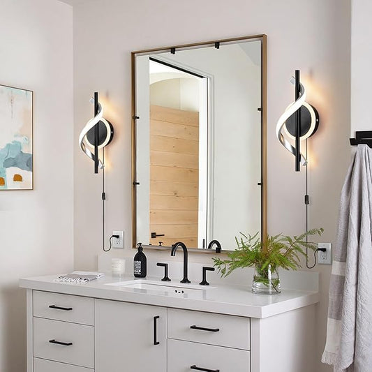 Black Plug in Wall Sconces Sets of 2, 12W Modern Spiral LED Wall Lamp, 3000K Warm White Wall Light Fixture for Stairs Living Room Bedroom Aisle Hallway