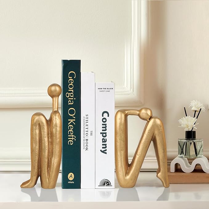 Thinker Cast Iron Bookends, Heavy-Duty Decorative Book End Stoppers for Shelves, Abstract Decor Aesthetic, Smooth Finish Book Holders for Office Decor, 1 Pair/2 Pieces, 9
