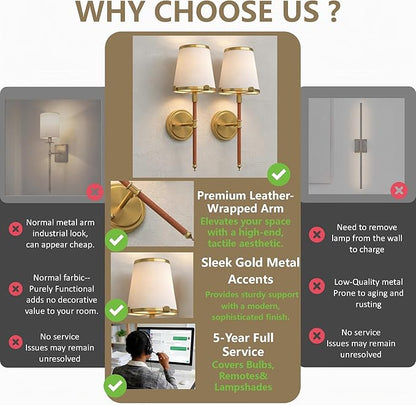 DORESshop Battery Operated Wall Sconce Set of 2, Wireless Wall Light Easy to Install, 7 Color Rechargeable Wall Sconces, Sconce Wall Decor Set of 2 for Bedroom, Living Room, Gold and Leather, 18.7in
