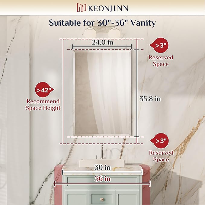 Keonjinn 24 x 36 Inch Frameless Bathroom Mirror, Beveled Mirrors for Bathroom Sink, Rectangle Wall Mirror Shatterproof, Modern Decorative for Living Room, Entryway, Bedroom, Horizontal/Vertical
