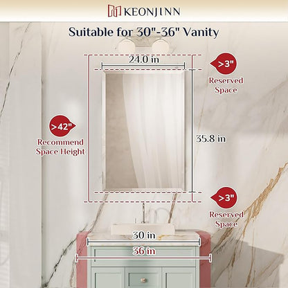 Keonjinn 24 x 36 Inch Frameless Bathroom Mirror, Beveled Mirrors for Bathroom Sink, Rectangle Wall Mirror Shatterproof, Modern Decorative for Living Room, Entryway, Bedroom, Horizontal/Vertical