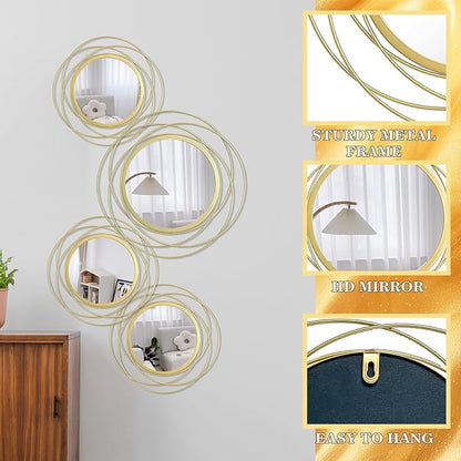Cityelf 4 Set Mixed Size Gold Circle Mirrors Wall Decor Iron Frame Wall Art Round Mirror Home Decor Hanging for Living Room/Bedroom/Bathroom/Entryway