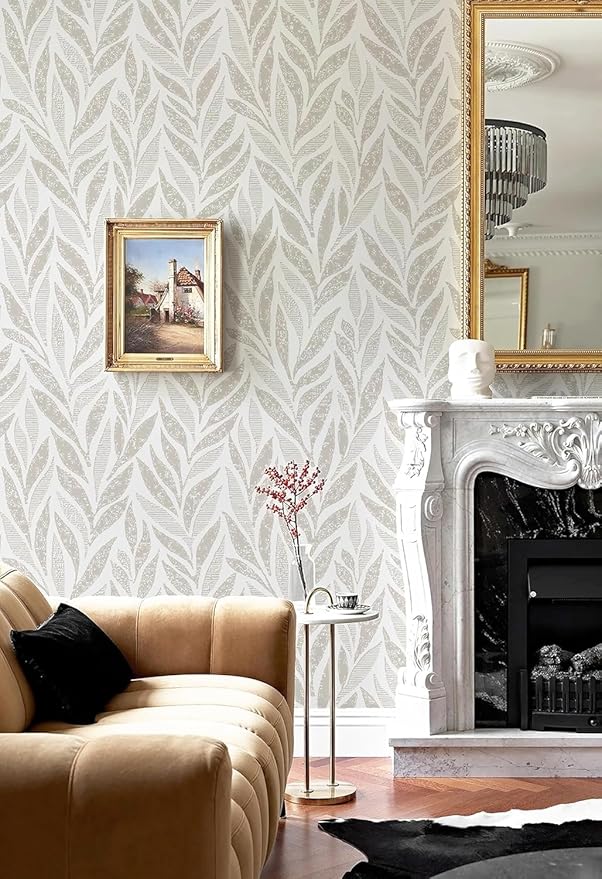 Safiyya 787"x17.3" Boho Peel and Stick Wallpaper Beige and White Wallpaper Leaf Self Adhesive Removable Wall Paper for Bathroom Bedroom Contact Paper for Walls Vinyl Roll