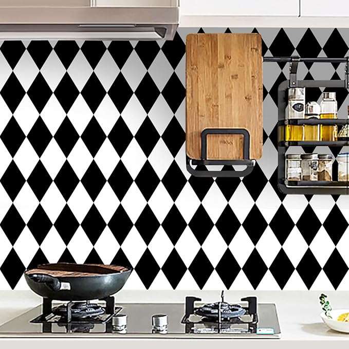 Black and White Peel and Stick Wallpaper Diamond Wallpaper Rhombus Contact Paper 17.3