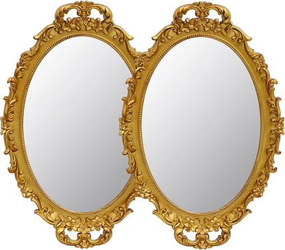 2 Pack - Vintage Decorative Gold Framed Mirror, Wall Hanging Mirrors & Tabletop Tray for Bedroom Living Room Dresser Decor, Oval- 9.6" W x 14.3" L (GOLD-2PACK)