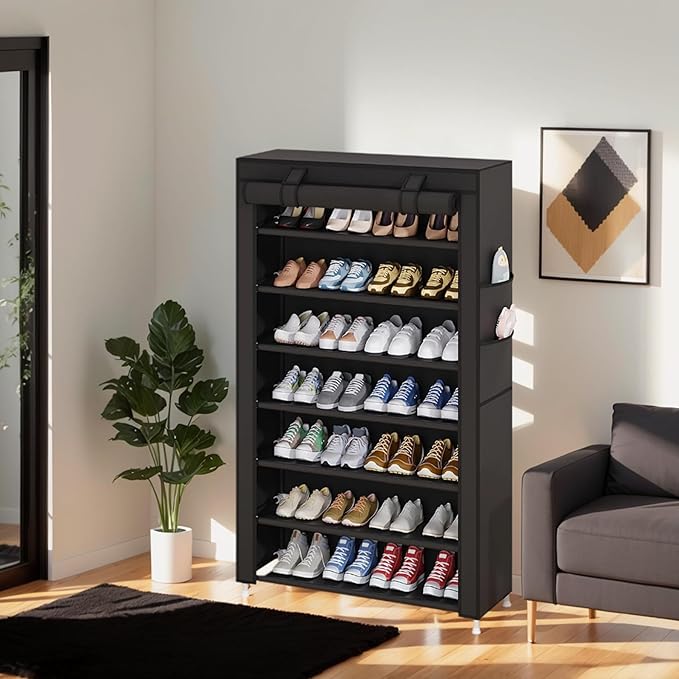 Laiensia 7-Tier Vertical Shoe Rack Organizer, Space Saving Shoe Storage Organizer, Non-Woven Cover Shoe Shelf Holds 28-35Pairs for Bedroom, Hallway, Closet Entryway, Black
