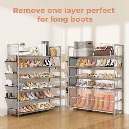 6 Tier Shoe Rack Storage for 24-30 Pairs Shoe and Boot, Shoe Organizer with Hook and Side Pocket Free Standing Long Shoe Shelf Tall Shoe Rack Organizer for Closet, Entryway, Dorm, Grey