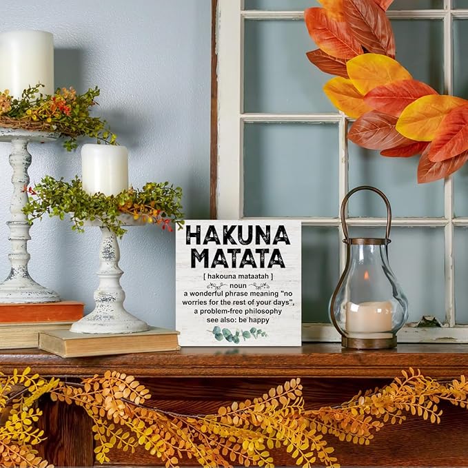 Motivational Gifts for Women Men, Inspirational Hakuna Matata Definition Wood Box Sign Desk Decor, Eucalyptus leaves Wooden Box Decorative Signs for Home Office Living Room Table Shelf Cubicle