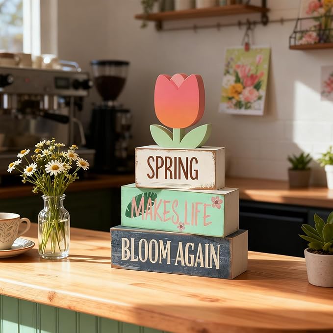 Spring Decoration For Home Wooden Tulip Tiered Tray Decor Spring Block Sign with Floral Farmhouse Tabletop Spring Decor Centerpiece for Tables Seasonal Home Easter Decor