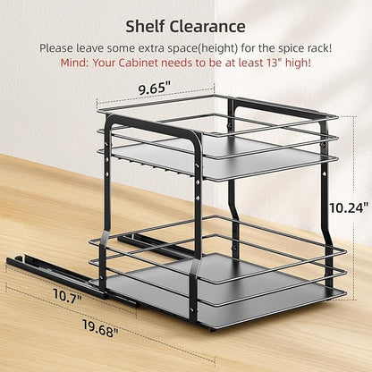 Pull Out Spice Rack Organizer for Inside Cabinet, 2 Tier Metal Spice Organization for Cabinet, 9.65"W x 10.7"D x 10.24"H, Vertical Slide Out Seasoning Organizer (Not for Cabinet with Lip)