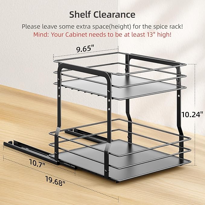 Pull Out Spice Rack Organizer for Inside Cabinet, 2 Tier Metal Spice Organization for Cabinet, 9.65