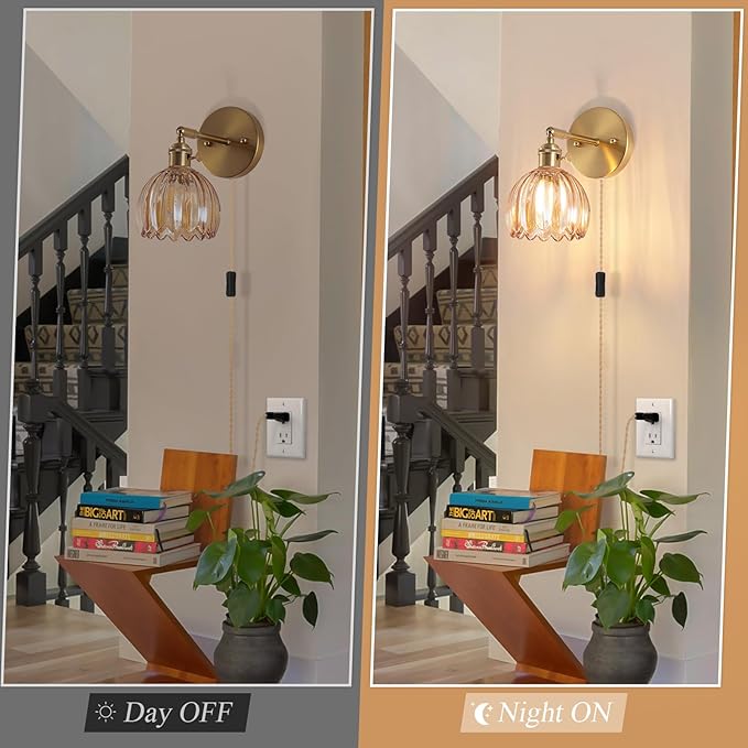 Plug-in Wall Sconce, Vintage Wall Decorative Lamp with Amber Glass Shade, Indoor Plug-in Wall Sconce for Bedroom, Living Room, Hallway