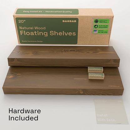 BAOBAB WORKSHOP Wood Floating Shelves for Wall 20 Inch, Solid Real Wooden Bathroom Shelf, Heavy Duty Wall Shelf Mounted 20 in Kitchen Rustic Farmhouse, Walnut Floating Shelves, 20W × 6.7D, Set of 2