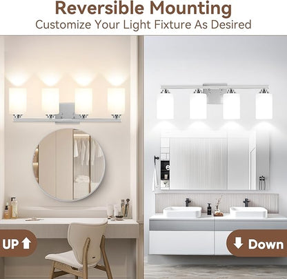 Brushed Nickel 4-Light Bathroom Light Fixtures, 27" Modern Vanity Lights Over Mirror with Milky White Frosted Glass Shade, Classic Wall Light Fixture for Mirror Living Room Cabinet Bedroom Porch