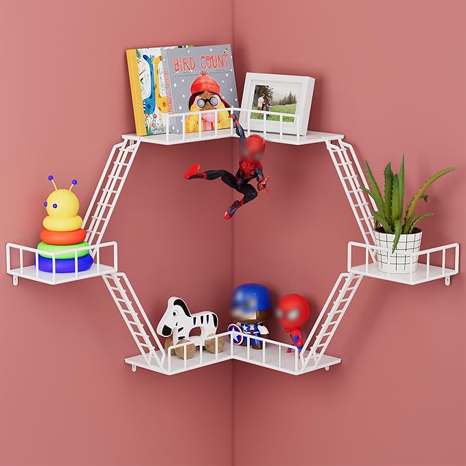 Fire Escape Wall Shelf - New York Fire Escape Shelf, Knick Knack Shelf for Figures, 3-Tier Corner Floating Shelves, Metal Decorative Display Shelves, White Wall Shelves for Bedroom&Home Decor