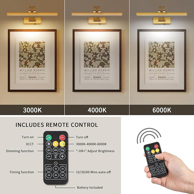 Rechargeable Lights for Pictures on wall Battery Operated Brass 15.7 Inch Wall Lights with Swing Arm and Timer Function Cordless Art Light with Remote Timer for Paintings,Gallery